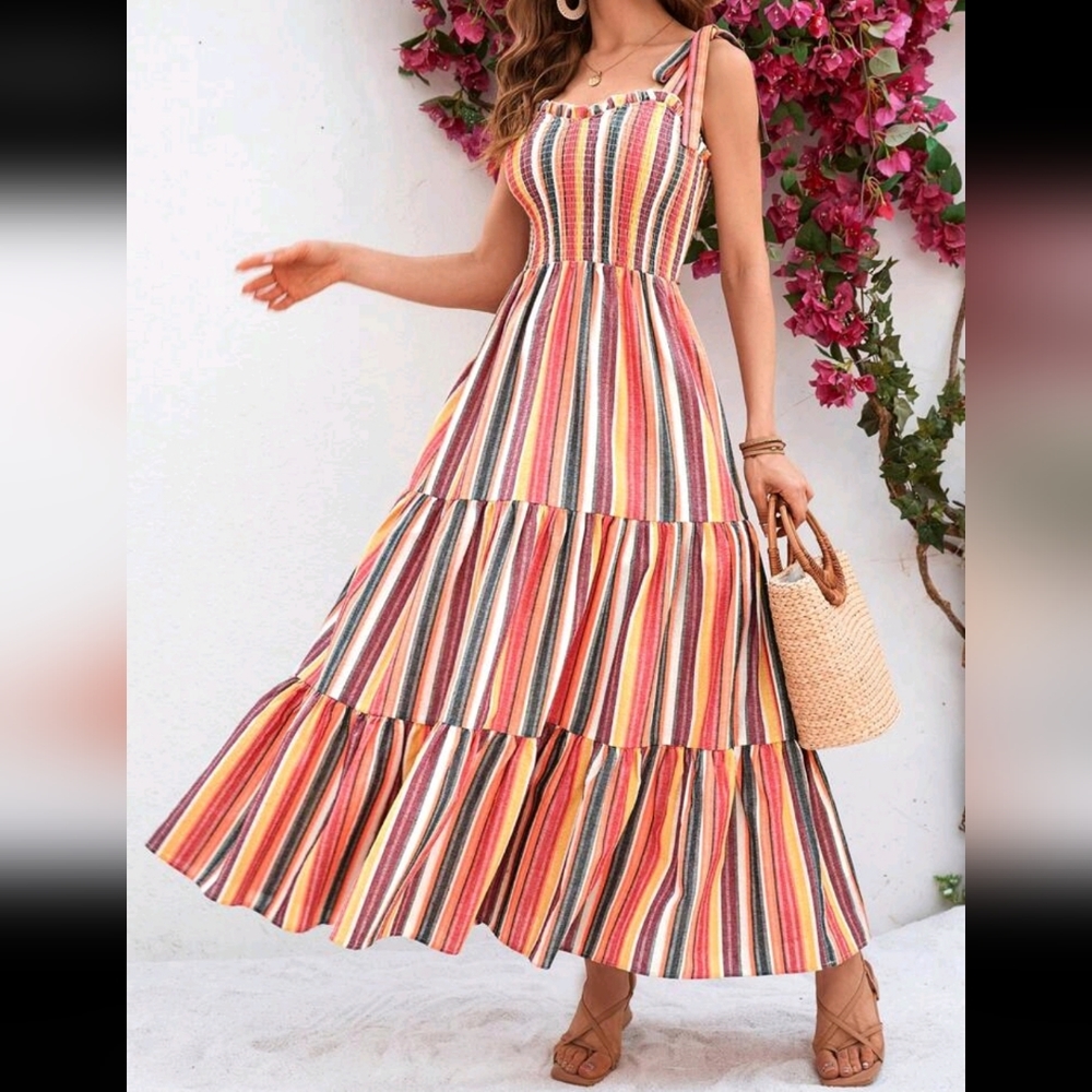 Boho Striped Color Block Smocked Sweetheart Neck Cami Tiered Maxi Dress